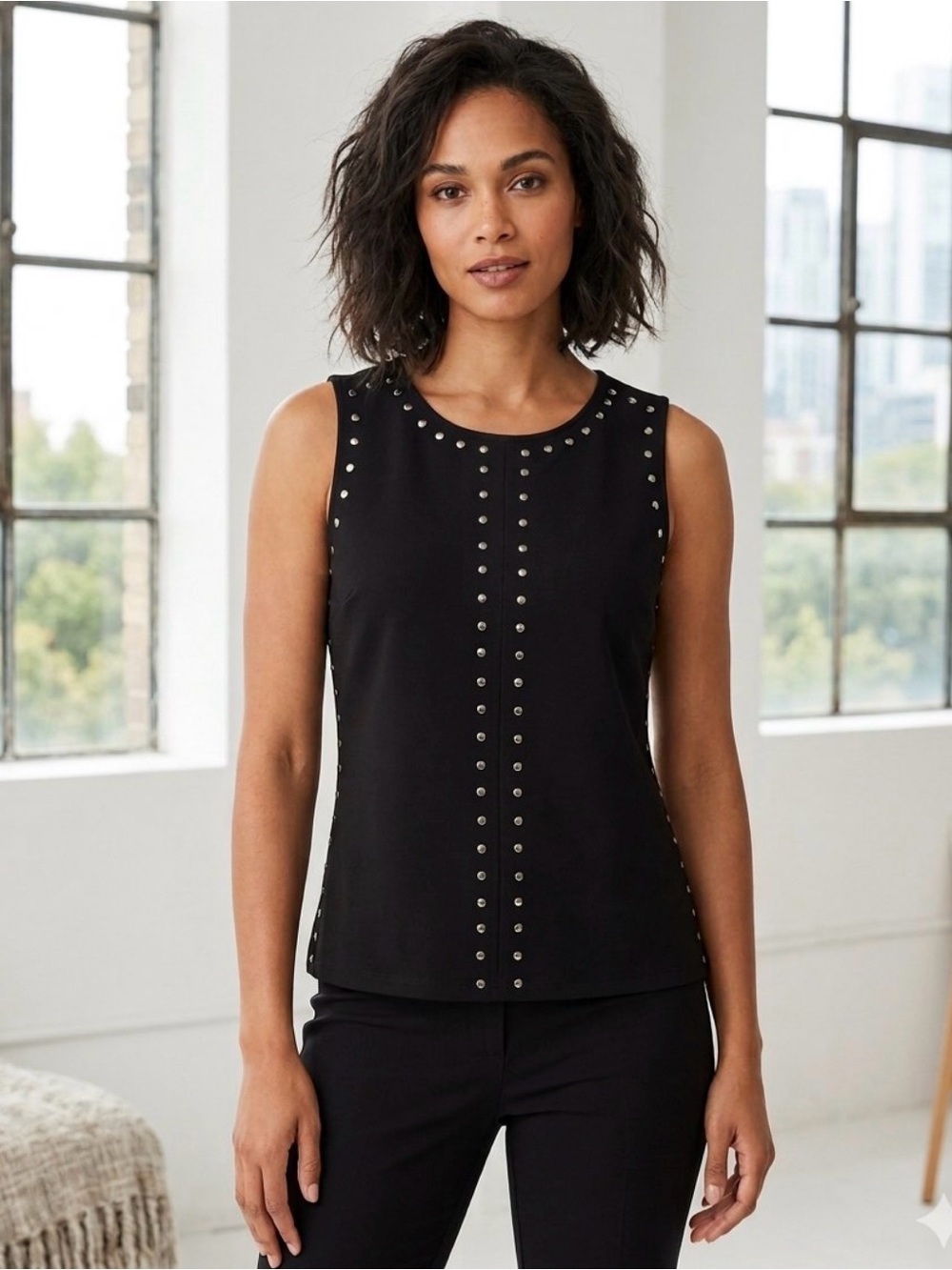 Sleeveless Stud-Accent Black Top